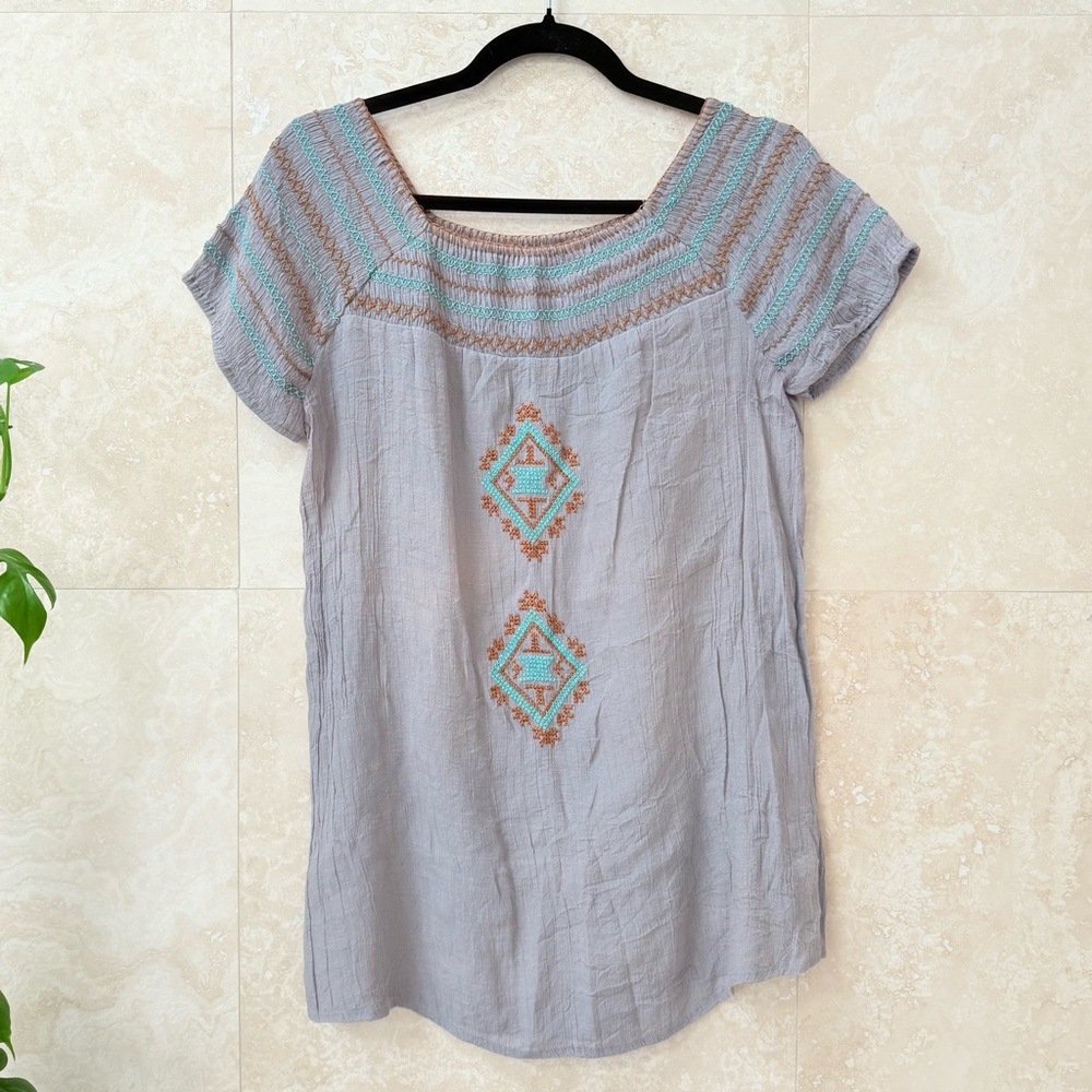 THML Gray Tunic Blouse with Mint and Tan Embroidery